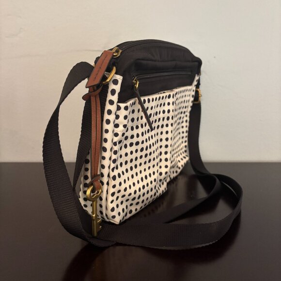 Fossil Bailey Black and White Polka Dot Nylon Canvas Crossbody Shoulder Bag - Picture 2 of 13